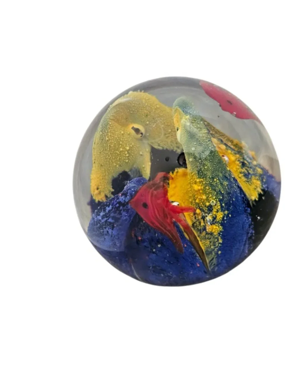 Round Art Glass Paperweight Fish Coral Ocean Blue Yellow Controlled Air Bubbles